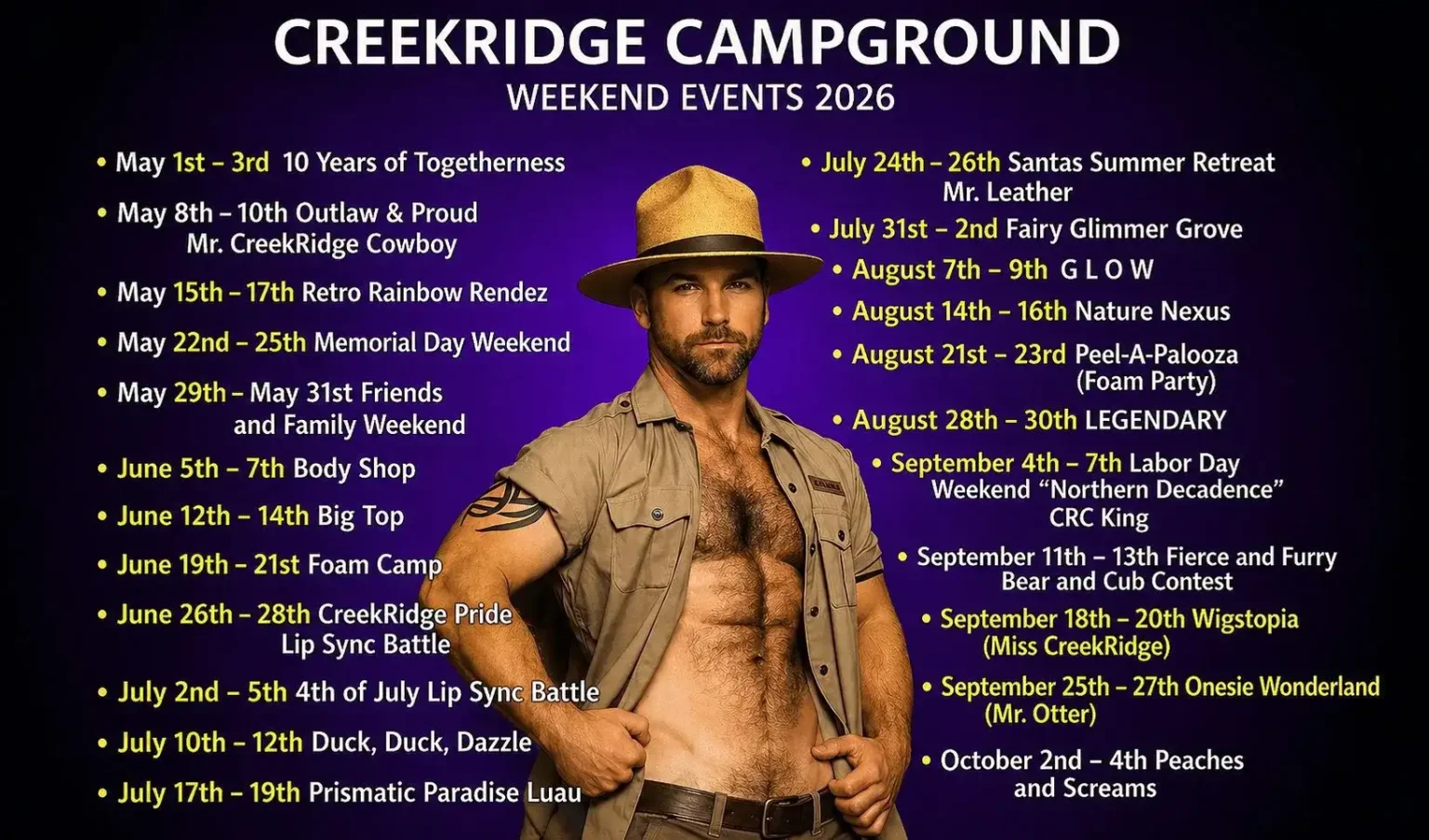 CreekRidge Campground Events for 2026 CreekRidge Campground Weekend Events 2026 poster listing themed camping weekends from May through October alongside an outdoorsman on a purple background.