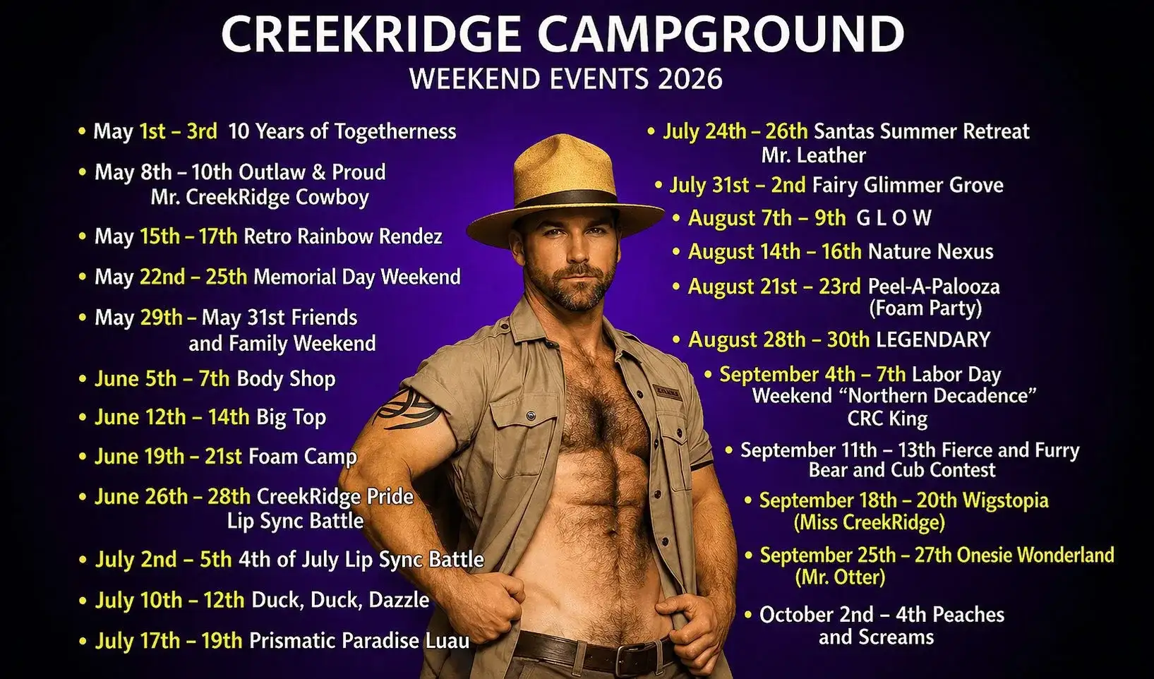 CreekRidge Campground Events for 2026 CreekRidge Campground Weekend Events 2026 poster listing themed camping weekends from May through October alongside an outdoorsman on a purple background.